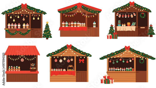 Detailed illustration shows several festive Christmas market stalls decorated with evergreen garlands and glowing holiday lights.