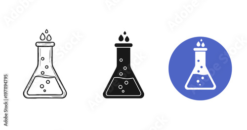 Stylized laboratory flasks with water droplets in black and white and blue circle icon