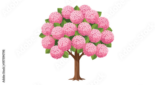Vector Illustration of a Blooming Pink Hydrangea Tree