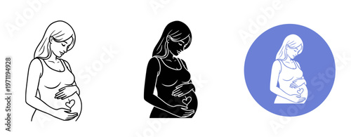 Pregnant woman silhouette collection: outline, solid, and colored versions