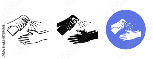 Hand sanitizer application icons in different styles and colors