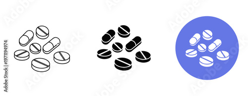 Black and white pill illustrations with blue circle background