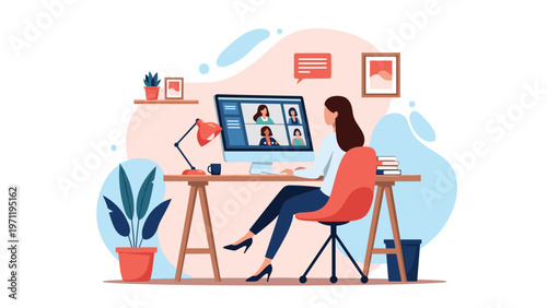 Professional woman works from her organized home office while participating in a video conference call with several colleagues.