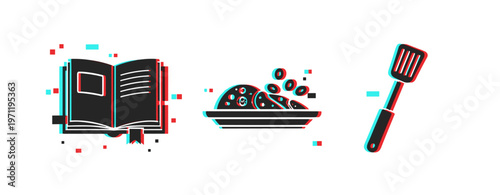 Open recipe book plate of food and spatula icons on white background. Glitch effect