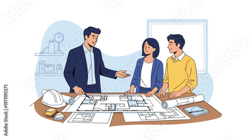 Team of professional architects and engineers studying a detailed house blueprint on a table in an office setting for construction.