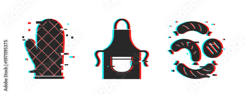 Kitchen apron oven mitt and sausages indicating cooking activity. Glitch effect