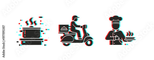 Cooking pot delivery scooter and chef in food service icons. Glitch effect