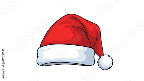Classic red and white santa claus hat with soft fur trim and a white pompom on a plain white background for christmas holiday themes.