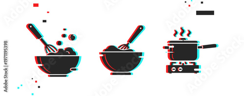 Kitchen utensils mixing and boiling on white background. Glitch effect