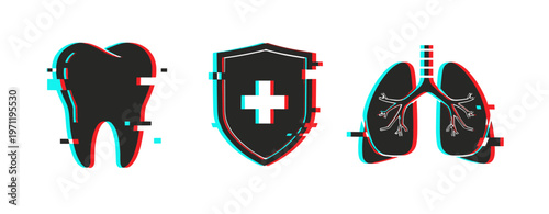 Healthcare icons displayed with tooth shield and lungs on white. Glitch effect