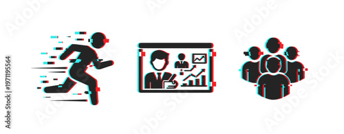 Speed running presentation and group collaboration in icons. Glitch effect