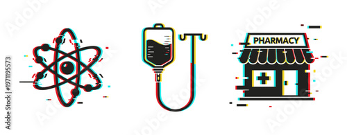 Atomic iv bag and pharmacy storefront icons depicting medical services. Glitch effect