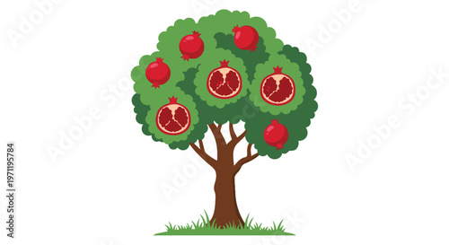 Pomegranate Tree with Whole and Sliced Fruits Illustration