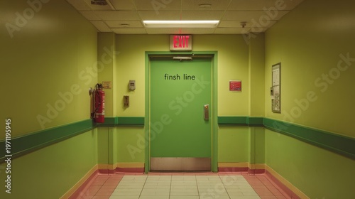 Green emergency exit door with red exit sign and finish line marking in hospital or industrial building