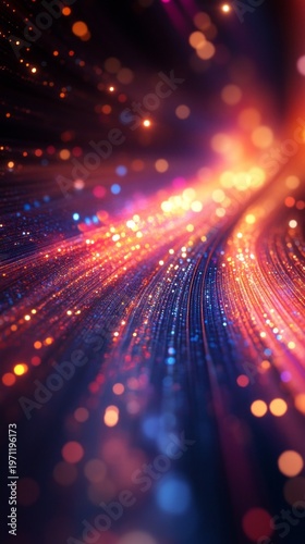 Abstract, multicoloured lines of light and glare create a sense of dynamic movement in the darkness, conveying speed and energy, and providing an atmospheric backdrop for digital publications.