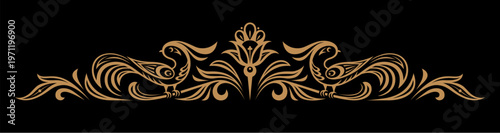 Golden birds and flowers. Decorative book headpiece for page layout with floral elements in style of hohloma. Page header in Russian traditional folk style. Yellow vector ornament on black background