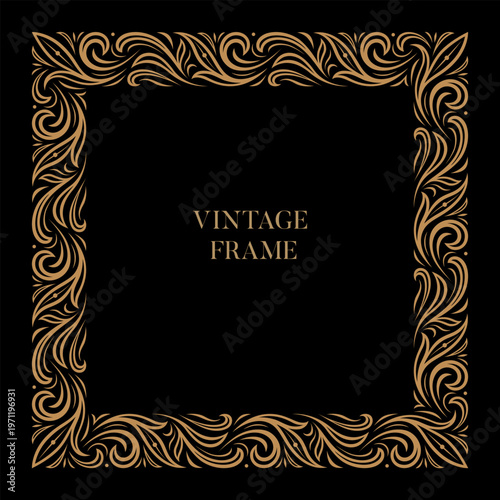 Curly vintage square ornamental frame with floral elements. Elegant pattern of golden leaves on black background