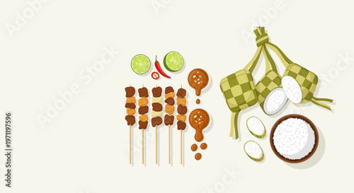 Minimalist Modern Vector Illustration of Traditional Eid Food with Beef Satay, Peanut Sauce, and Ketupat Rice Cake.