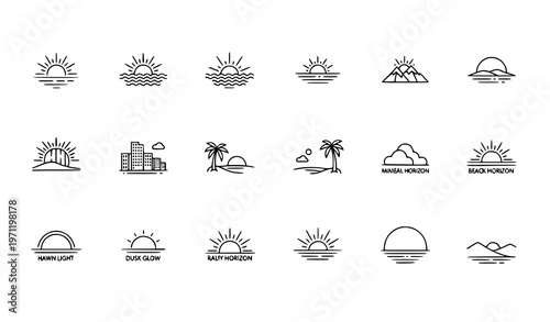Sunrise and sunset horizon outline icons set with nature landscape and dawn dusk symbols clean line vector