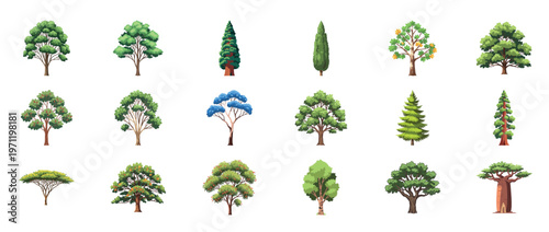 Tree icons collection featuring oak maple pine palm willow and evergreen forest plants decorative botanical outline line editable stroke nature set.