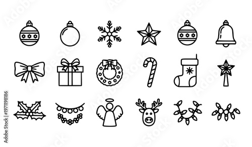Monoline Christmas ornament icons set with festive decoration baubles and holiday symbols bold line vector