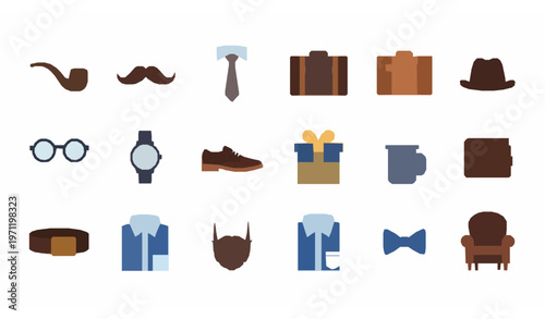 Monoline fathers day icons set with pipe tie hat and gift symbols bold outline vector collection