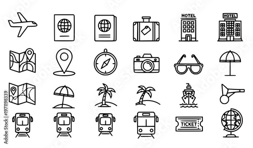 Monoline travel icons set with tourism airplane passport and vacation symbols bold line vector collection