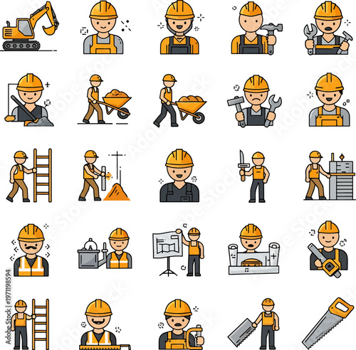 Construction worker icons set representing various building professions and tools, diverse construction industry characters, flat design.