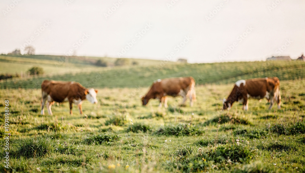Fototapeta premium Cows grazing on green grass in a farm field at sunset with hills in the background