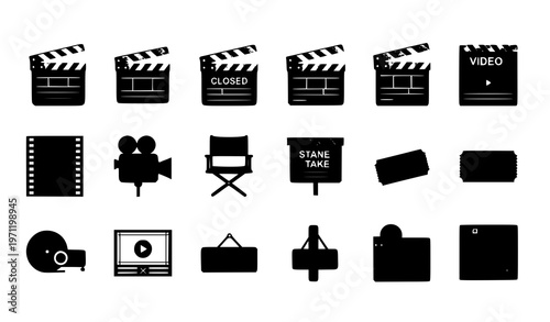 Clapper board outline icons set with movie slate film production and cinema symbols clean thin line vector