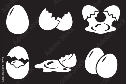 A collection of 6 patterned Easter egg silhouettes featuring floral, geometric, and abstract designs in black and white. Egg cracking and broken eggs icons vector , whole egg, cracked shell and yolk