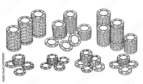 Hand drawn isometric casino chips stack sketch style poker gambling vector illustration set