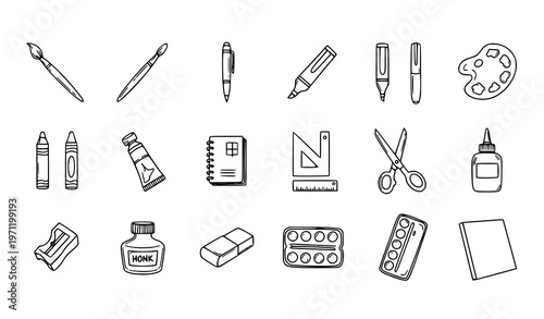Hand drawn art supplies icons set with creative tools pencil brush and palette outline vector