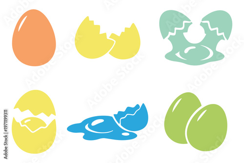Broken egg and yolk icons vector set, whole egg, cracked eggshell and fried egg illustrations, black solid silhouette collection, minimal flat design for food, cooking and breakfast use. Easter eggs