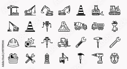 Construction heavy machinery and tools icons set for engineering and building industry projects, vector illustrations