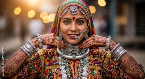 Elegant traditional Indian bridal attire with jewelry