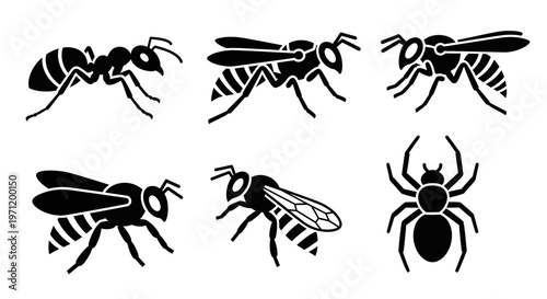 Insect silhouettes set including ant, wasp, bee, and spider icons