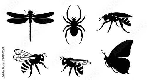 Insect Silhouettes Set: Dragonfly, Spider, Bees, and Butterfly Icons