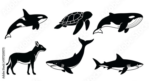 Marine and Wild Animal Silhouettes Set: Orca, Whale, Shark, Turtle, and Dog Vector Icons