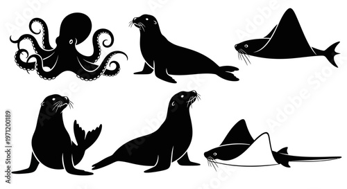 Marine Animal Silhouettes Collection: Octopus, Seals, and Rays Vector Set