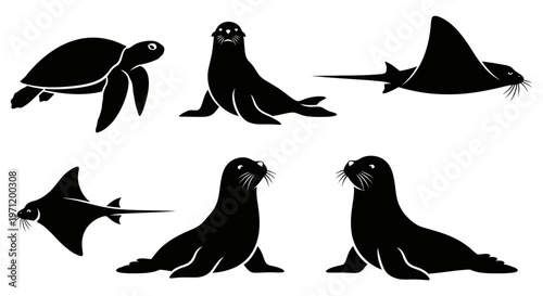 Marine Animals Silhouettes Set: Sea Turtle, Seals, and Stingrays Vector Icons