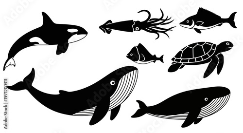 Marine Animals Silhouettes Set: Orca, Whales, Squid, Fish, and Sea Turtle Collection