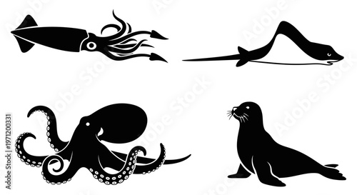 Marine Animals Silhouettes Set: Squid, Stingray, Octopus, and Seal Icons