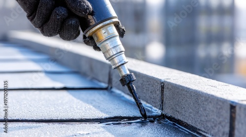 A sealant equipment applying adhesive or sealant along the edge of a roof surface, showcasing the nozzle and textured material