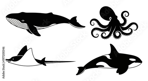 Marine Animals Silhouettes Set: Whale, Octopus, Manta Ray, and Orca Icons
