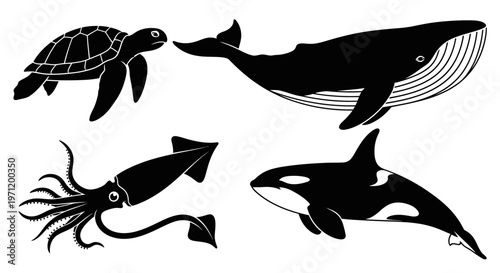 Marine Animals Silhouettes Set: Whale, Orca, Squid, and Turtle Ocean Life Icons