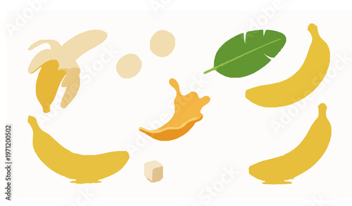 Banana fruit vector in realistic 3D style with peeled slices leaf and juice splash in circular composition isolated on white background