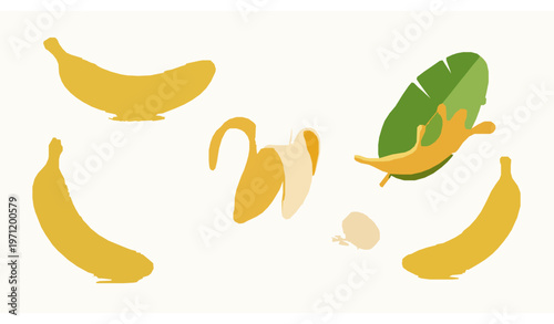 Realistic banana vector set with slices peeled fruit and juice splash in dynamic layout isolated on white background