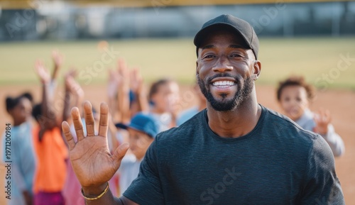 African american male baseball coach smiling and waving during practice on a sunny day with young players in the background