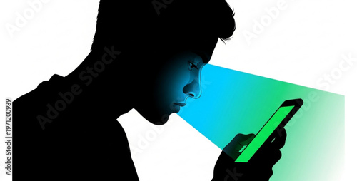 Person Looking at Smartphone with Glowing Screen Light, Addiction Concept, Minimal Silhouette Vector